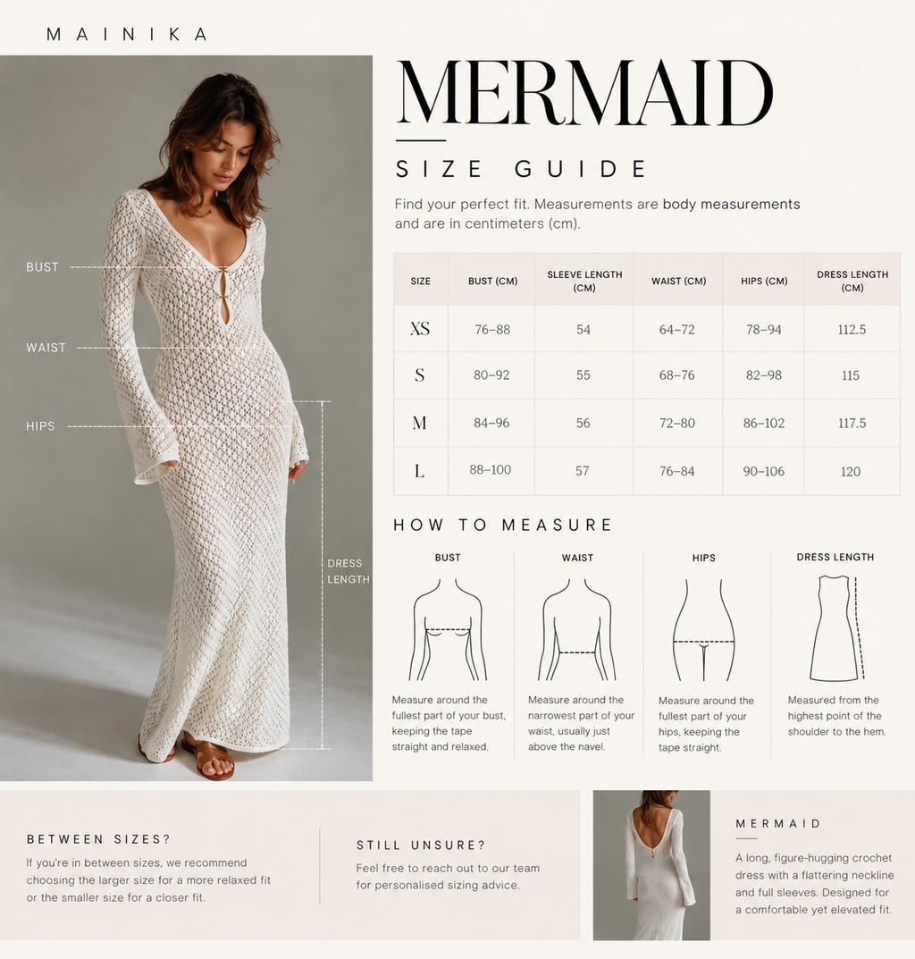 Mermaid size guide infographic for Mainika crochet knitwear, featuring a model wearing a white crochet dress, body measurement diagrams, a bust/waist/hips measurement table, and a mermaid silhouette reference.